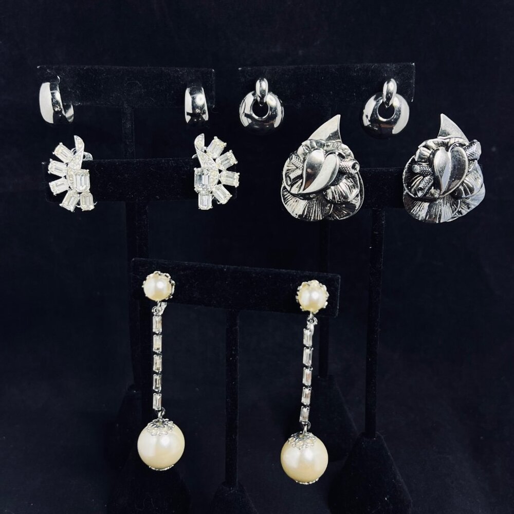 Vintage Lot Of 5 Silver Tone Clip On Earrings (5280)